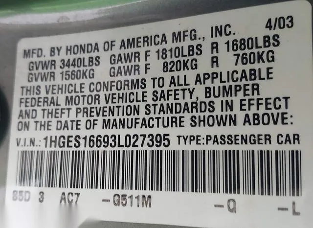 1HGES16693L027395 2003 2003 Honda Civic- LX 9