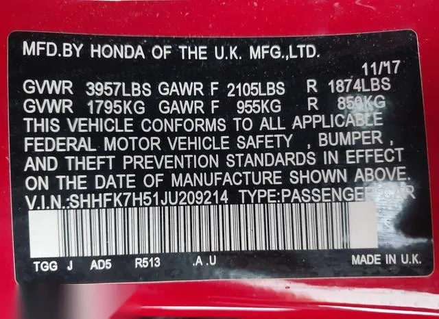 SHHFK7H51JU209214 2018 2018 Honda Civic- EX 9