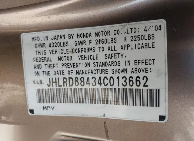 JHLRD68434C013662 2004 2004 Honda CR-V- LX 9