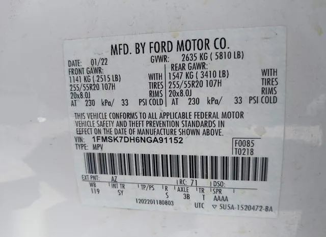 1FMSK7DH6NGA91152 2022 2022 Ford Explorer- Xlt 9