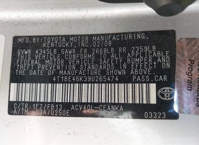 4T1BE46K39U265474 2009 2009 Toyota Camry- LE 9