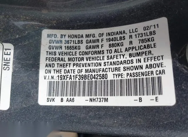 19XFA1F39BE042580 2011 2011 Honda Civic- VP 9