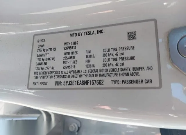 5YJ3E1EA8NF157662 2022 2022 Tesla Model 3 9