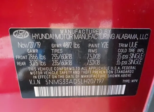 5NMS33AD5LH207197 2020 2020 Hyundai Santa Fe- Sel 9