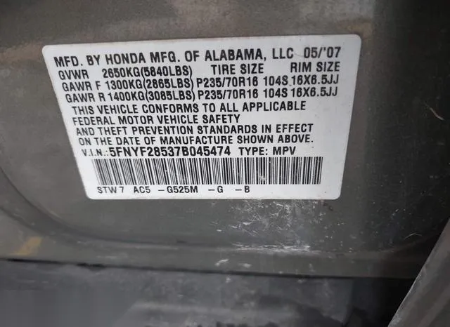 5FNYF28537B045474 2007 2007 Honda Pilot- Ex-L 9