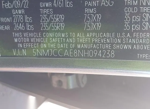 5NMJCCAE8NH094238 2022 2022 Hyundai Tucson- Sel 9