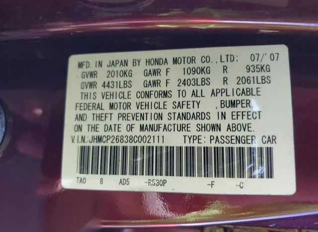 JHMCP26838C002111 2008 2008 Honda Accord- 2-4 Ex-L 9