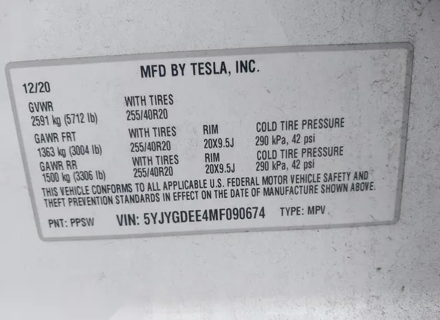 5YJYGDEE4MF090674 2021 2021 Tesla Model Y- Long Range Dual 9