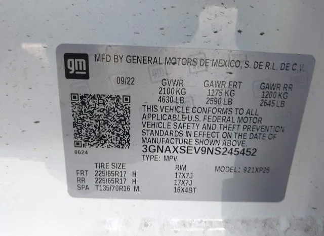 3GNAXSEV9NS245452 2022 2022 Chevrolet Equinox- Awd Ls 9