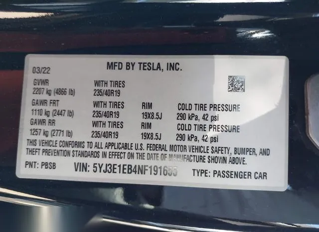 5YJ3E1EB4NF191655 2022 2022 Tesla Model 3 9