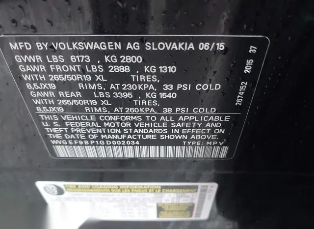 WVGEF9BP1GD002034 2016 2016 Volkswagen Touareg- Vr6 Lux 9