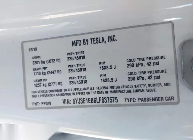 5YJ3E1EB6LF637575 2020 2020 Tesla Model 3- Long Range Dual 9