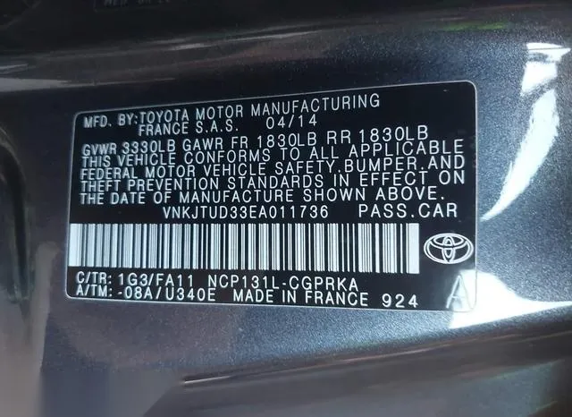 VNKJTUD33EA011736 2014 2014 Toyota Yaris- L -tmmf Plant- 9