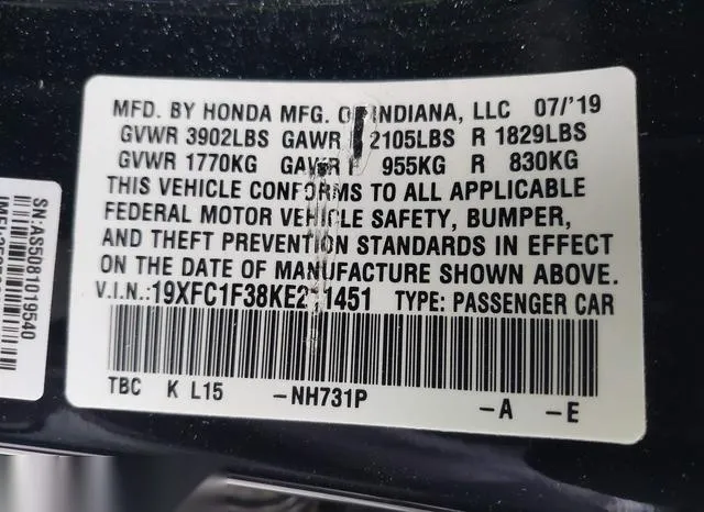 19XFC1F38KE211451 2019 2019 Honda Civic- EX 9