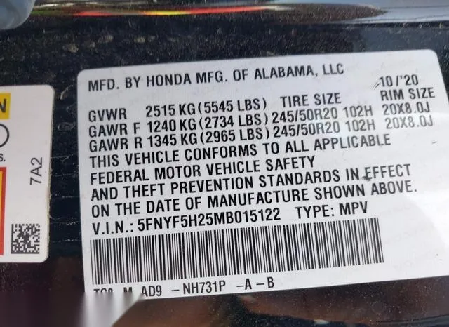 5FNYF5H25MB015122 2021 2021 Honda Pilot- 2Wd Special Edition 9