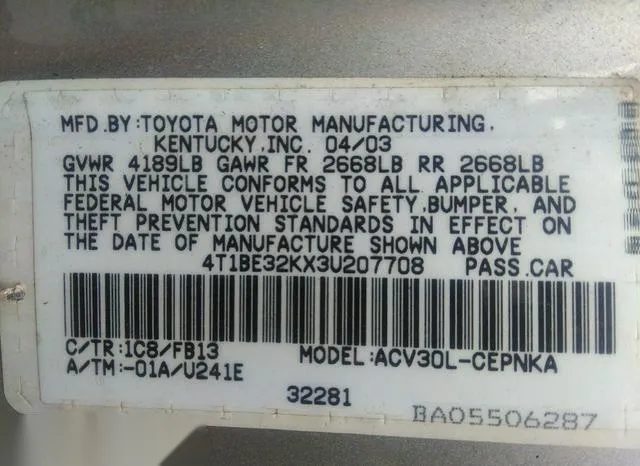 4T1BE32KX3U207708 2003 2003 Toyota Camry- LE 9