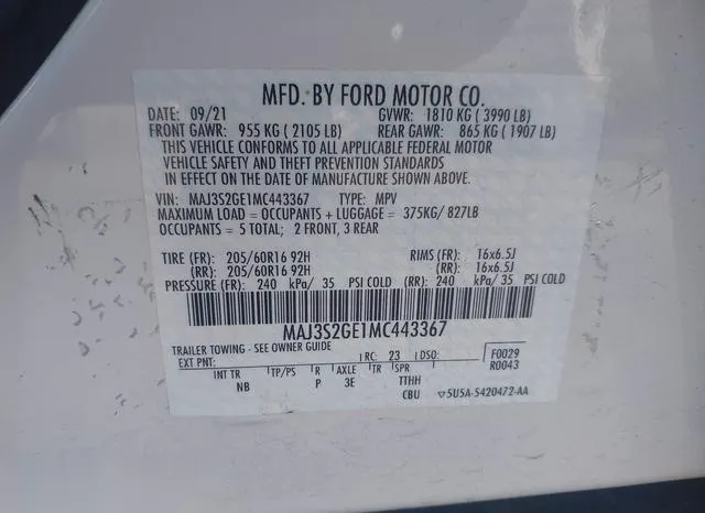 MAJ3S2GE1MC443367 2021 2021 Ford Ecosport- SE 9