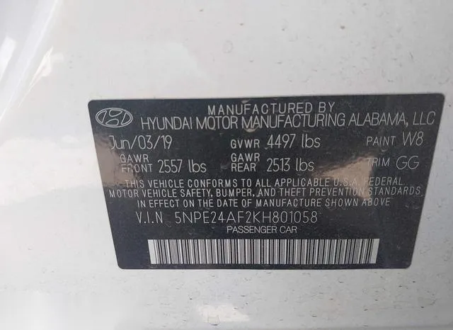 5NPE24AF2KH801058 2019 2019 Hyundai Sonata- SE 9