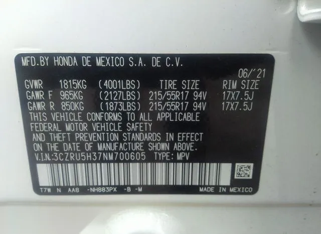 3CZRU5H37NM700605 2022 2022 Honda HR-V- 2Wd Lx 9