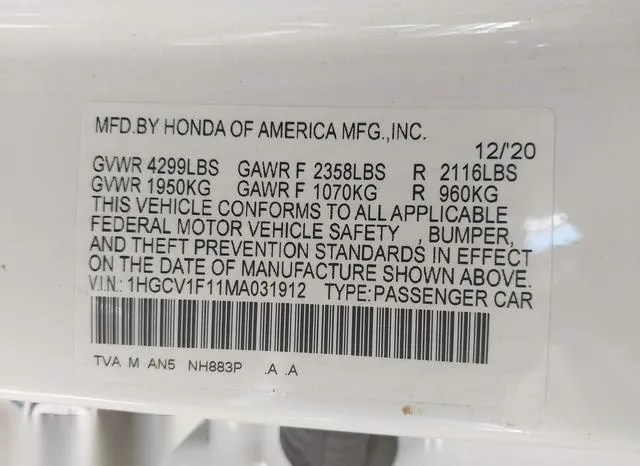 1HGCV1F11MA031912 2021 2021 Honda Accord- LX 9