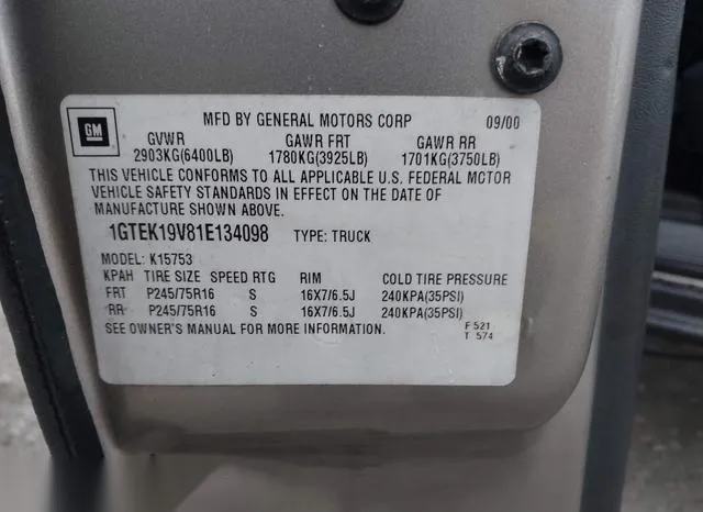 1GTEK19V81E134098 2001 2001 GMC Sierra- 1500 Sle 9