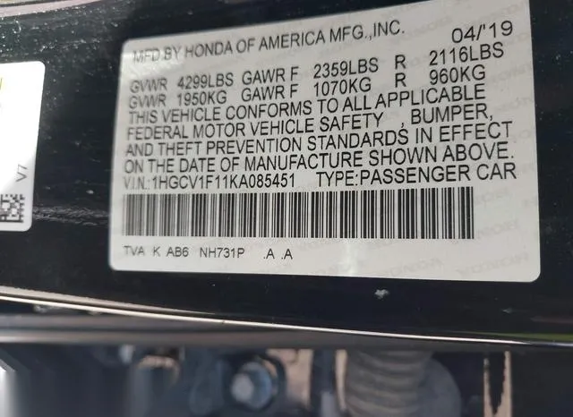 1HGCV1F11KA085451 2019 2019 Honda Accord- LX 9