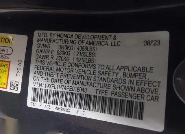 19XFL1H74PE018043 2023 2023 Honda Civic- Ex-L /Ex-L W/O Bsi 9