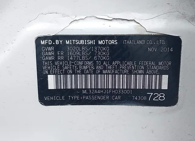 ML32A4HJ1FH033001 2015 2015 Mitsubishi Mirage- ES 9