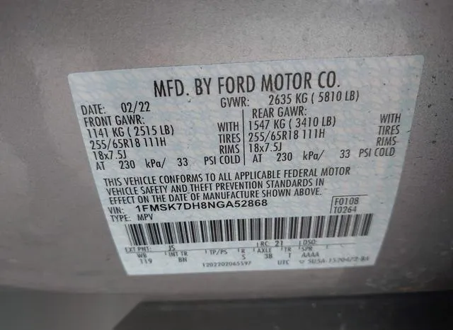 1FMSK7DH8NGA52868 2022 2022 Ford Explorer- Xlt 9