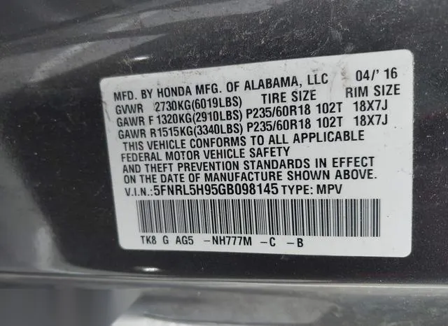 5FNRL5H95GB098145 2016 2016 Honda Odyssey- Touring/Touring 9