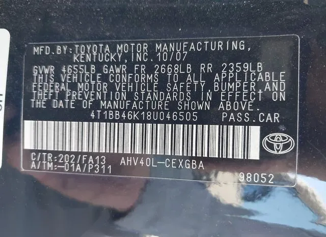 4T1BB46K18U046505 2008 2008 Toyota Camry- Hybrid 9