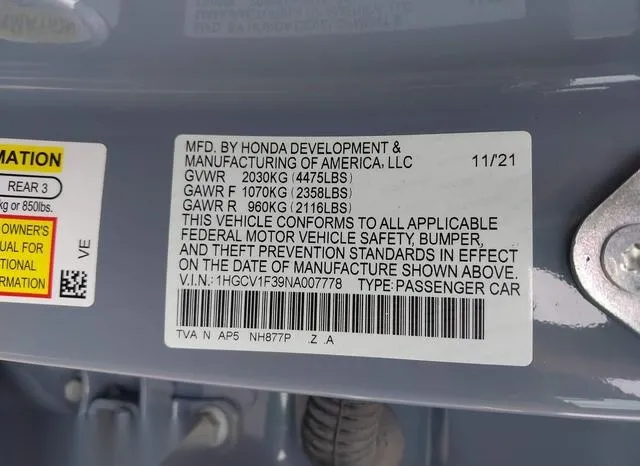 1HGCV1F39NA007778 2022 2022 Honda Accord- Sport 9