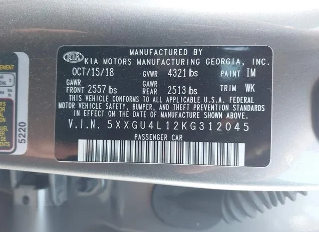 5XXGU4L12KG312045 2019 2019 KIA Optima- EX 9