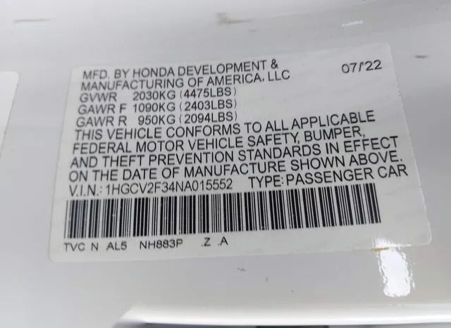 1HGCV2F34NA015552 2022 2022 Honda Accord- Sport 2-0T 9