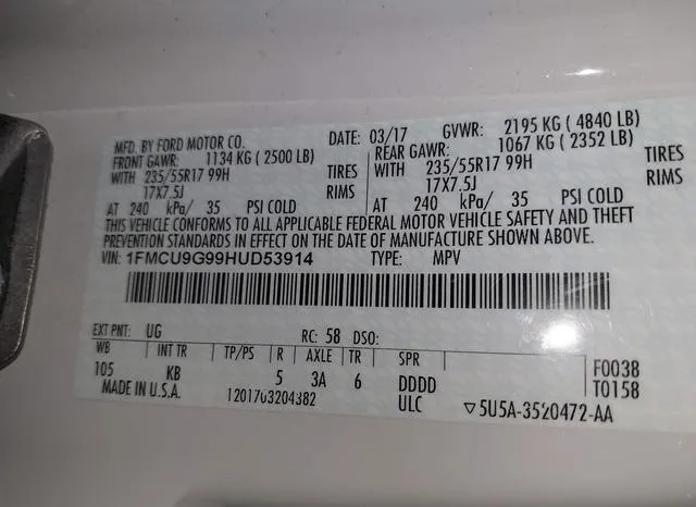 1FMCU9G99HUD53914 2017 2017 Ford Escape- SE 9