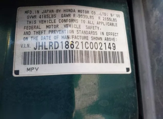 JHLRD18621C002149 2001 2001 Honda CR-V- EX 9