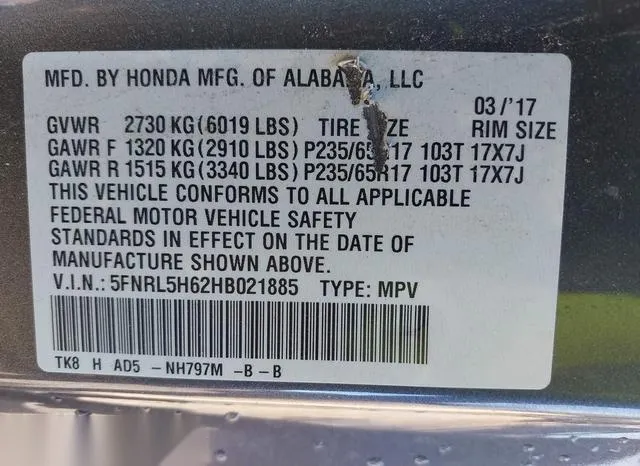 5FNRL5H62HB021885 2017 2017 Honda Odyssey- Ex-L 9