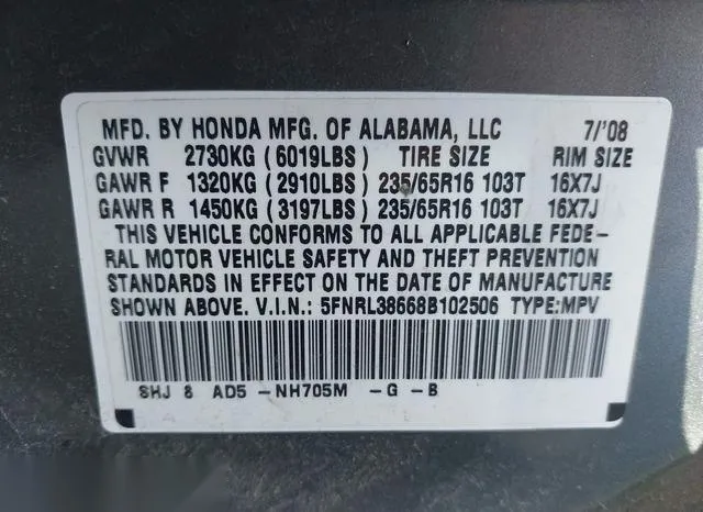 5FNRL38668B102506 2008 2008 Honda Odyssey- Ex-L 9