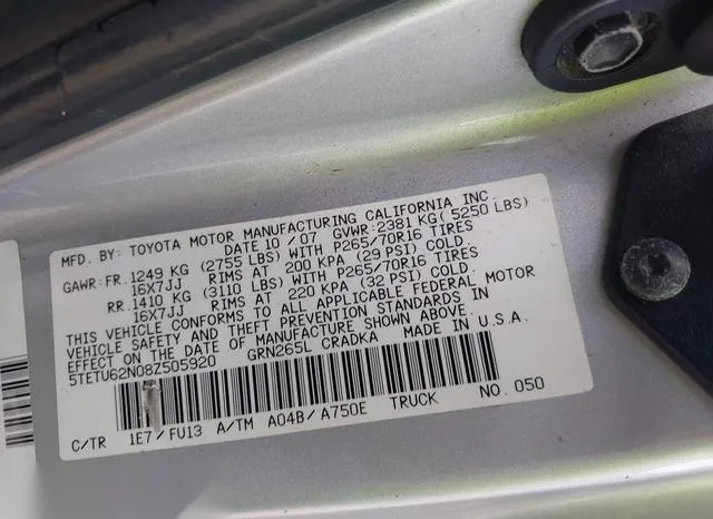 5TETU62N08Z505920 2008 2008 Toyota Tacoma- Prerunner V6 9