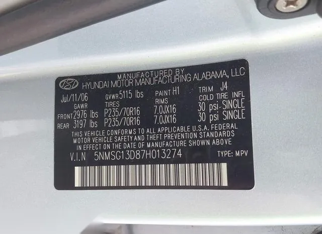 5NMSG13D87H013274 2007 2007 Hyundai Santa Fe- Gls 9