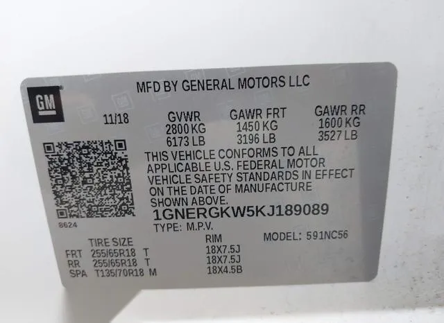 1GNERGKW5KJ189089 2019 2019 Chevrolet Traverse- 1LT 9