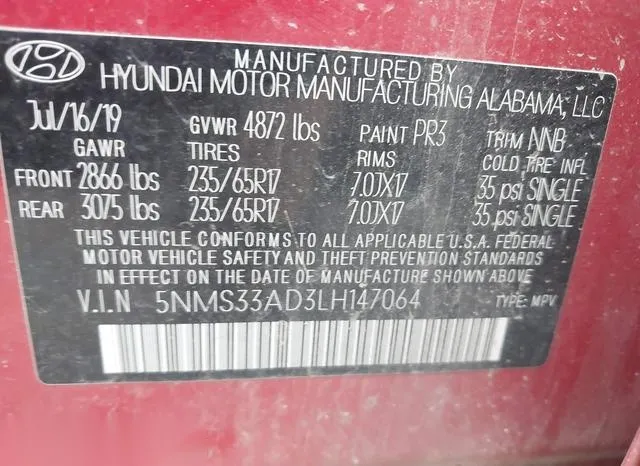 5NMS33AD3LH147064 2020 2020 Hyundai Santa Fe- Sel 9