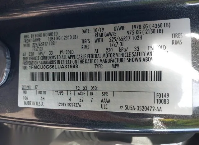 1FMCU0G66LUA31998 2020 2020 Ford Escape- SE 9