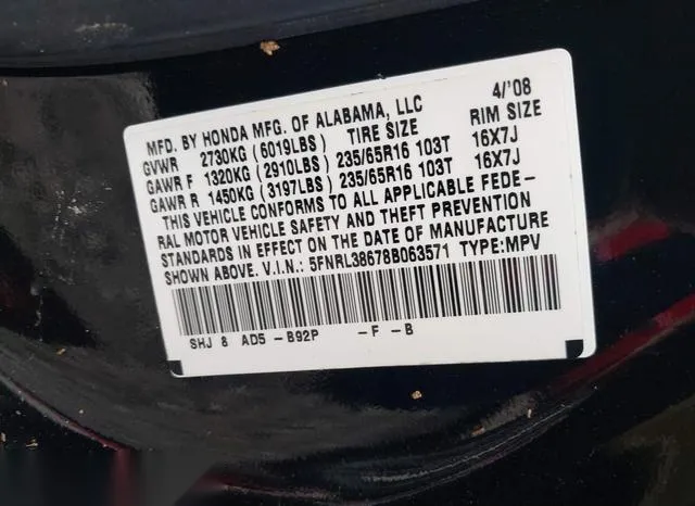 5FNRL38678B063571 2008 2008 Honda Odyssey- Ex-L 9