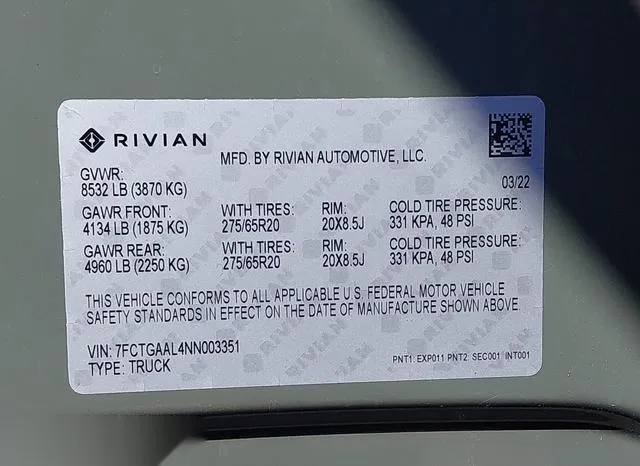 7FCTGAAL4NN003351 2022 2022 Rivian R1T- Launch Edition 9