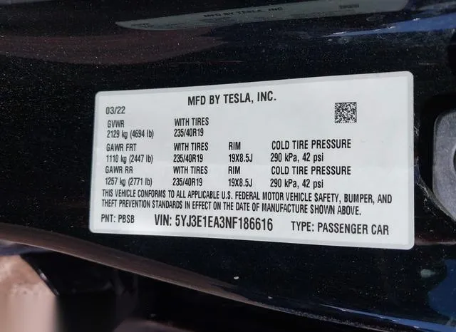 5YJ3E1EA3NF186616 2022 2022 Tesla Model 3 9