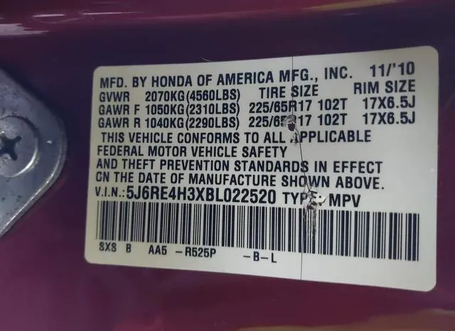 5J6RE4H3XBL022520 2011 2011 Honda CR-V- LX 9