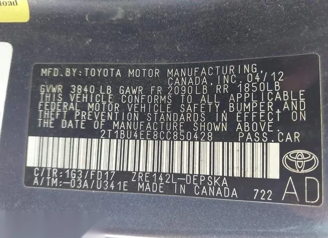 2T1BU4EE8CC850428 2012 2012 Toyota Corolla- S 9