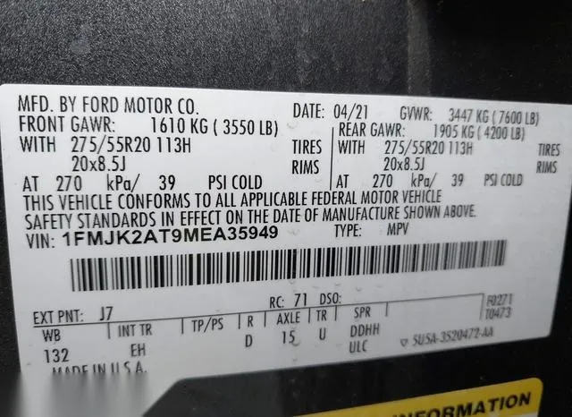 1FMJK2AT9MEA35949 2021 2021 Ford Expedition- Limited Max 9