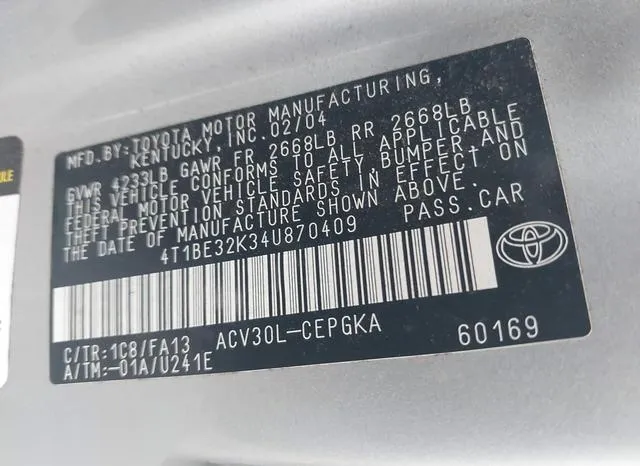 4T1BE32K34U870409 2004 2004 Toyota Camry- Xle 9